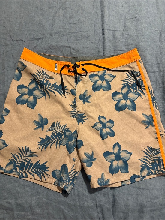 Hurley Other - Hurley Beige Floral Swim Shorts with Blue Print and Orange Waistband